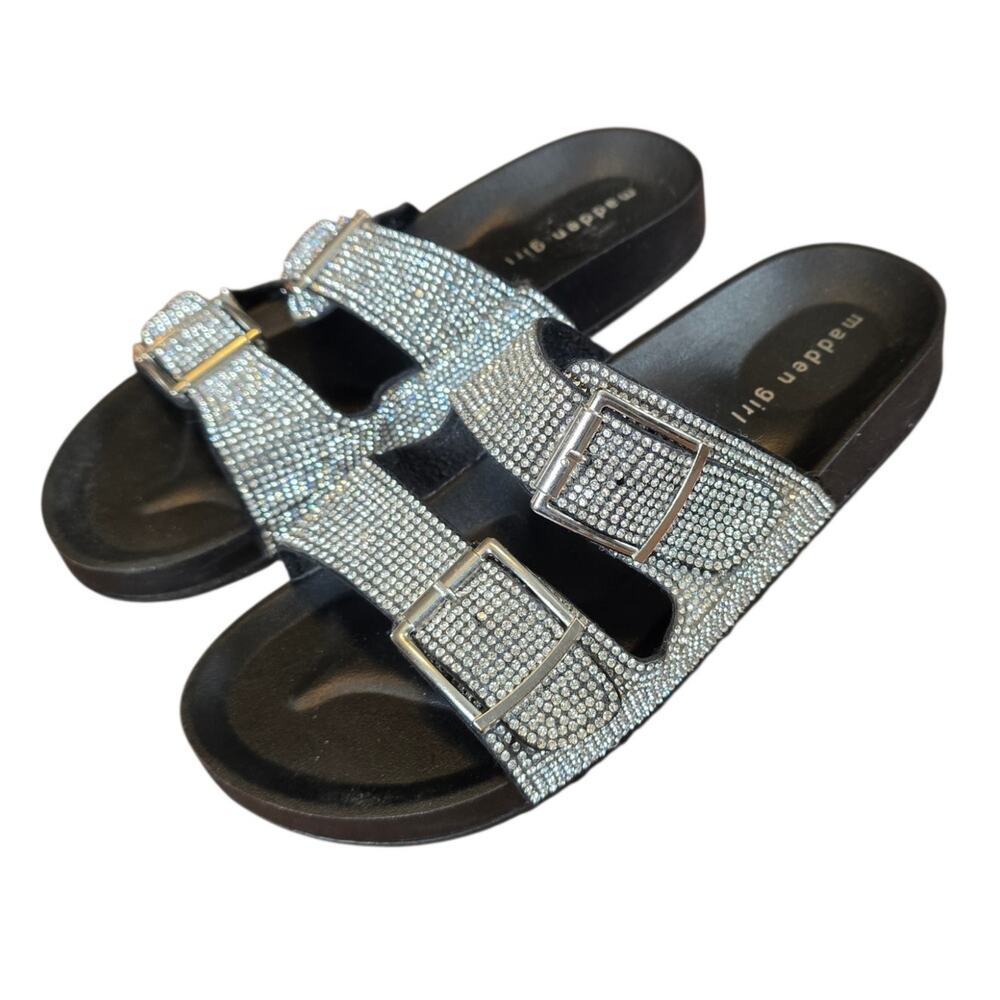 Madden Girl Teddy Rhinestone Double Buckle Slide Sandals Bling Black Silver 7
